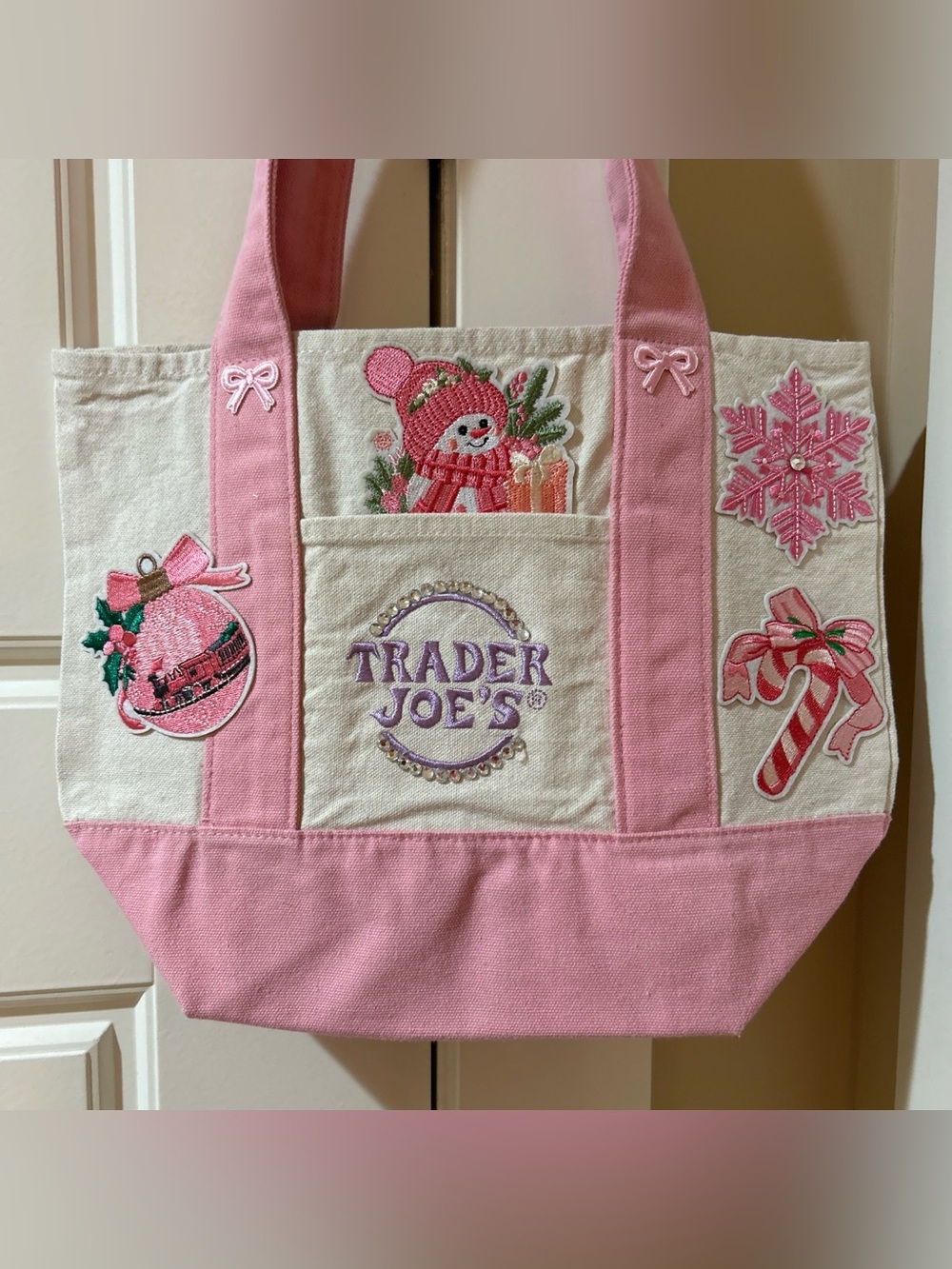 Upcycled Trader Joe's Pink & Cream Holiday Tote Bag